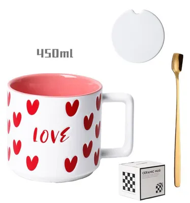 Keramikbecher 400 ml mit Deckel, Löffel, Herz-Motiv, Weiß