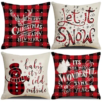 Weihnachtskissenbezug 4er Set, 45x45 cm, Leinen, Schneemann