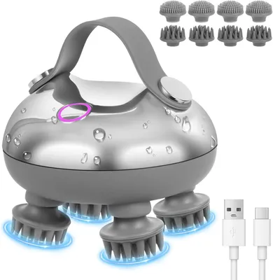 Produktbild von Kabelloser Kopfhautmassagegerät, wasserdichter elektrischer Kopfmassageapparat, tragbarer USB-aufladbarer Massageapparat für Katzen, mit 8 austauschbaren Massageköpfen