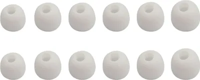 A collection of white silicone earbud tips arranged in two rows on a white background.