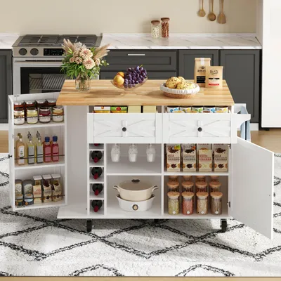 Produktbild von Servierwagen Küchenwagen Kücheninsel auf verriegelbaren Rollen,Servierwagen mit Schublade,Kücheninsel mit klappbarer Arbeitsplatte,weiß,120x45-70x89cm