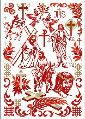 A cross-stitch pattern design featuring religious imagery.
