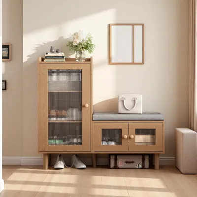 Image de Armoire à chaussures avec banc intégré, 100x35x90 cm, meuble à chaussures avec assise, étagère à chaussures avec 3 portes transparentes, commode à chaussures, en bois naturel