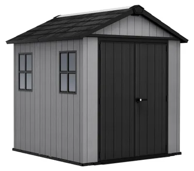 Immagine prodotto di Newton + 757/775 - Casetta da Giardino 223x246x230 cm 2 Ante per deposito attrezzi finitura effetto legno Evotech+ in Resina Grigio e Nero