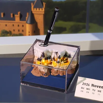 Image de 2026 Calendrier de bureau avec lumières LED, calendrier créatif 3D DIY en papier, artisanat et sculpture sur papier, décoration de bureau, sculpture de maison, idée de cadeau (château)