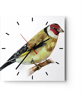 Produktbild von Wanduhr - Quadrat - Glasuhr - Stieglitz Vogel Aquarell - 30x30cm - Schleichendes Uhrwerk - Lautlos - zum Aufhängen bereit - Dekoration Modern - Wanddekoration aus Glas - C3AC30x30-4179