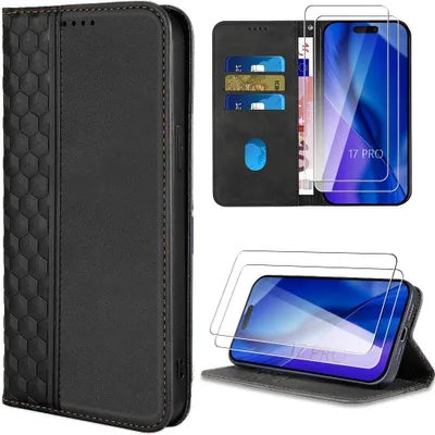Image de Coque + 2 Verres Trempés pour iPhone 17 Pro, Protection Flip Case Cuir Synthétique Relief Mosaïque Noir