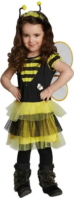 A young girl wearing a bee costume.