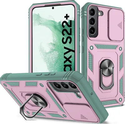 Image de Etui pour Samsung Galaxy S23+ avec protection coulissante de l'appareil photo, résistant aux chocs, avec porte-anneau, support et porte-cartes vert rose