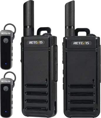 Two walkie-talkies and two wireless earpieces are displayed against a white background.