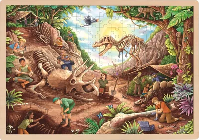 Produktbild von goki 57395 Einlegepuzzle Ausgrabung Dinosaurier 46,5 x 33 x 1 cm, Holz, 192 Teile, bunt