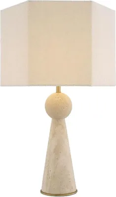 Produktbild von Casa Padrino Luxus Tischleuchte Beige / Antik Messing / Creme 40 x 40 x H. 78,5 cm - Travertin Schreibtischleuchte mit sechseckigem Lampenschirm - Luxus Tischleuchten - Luxus Schreibtischleuchten