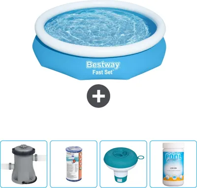 Produktbild von Bestway runder aufblasbarer Fast-Set-Schwimmpool – 305 x 66 cm – Blau – inklusive Pumpe Filter - Chlorschwimmer - Chlor