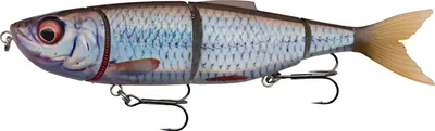 A realistic fishing lure shaped like a fish, presented on a white background.