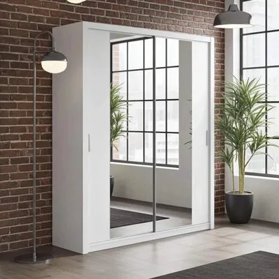 Produktbild von Schiebetürenschrank Zenit 200 cm, Schlafzimmerschrank, Schwebetürenschrank, Schrank (Farbe: Weiß, mit Spiegel)