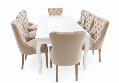 Produktbild von Ausziehbarer Tisch Alan 200–300x100 Weiß + 8 elegante Stühle Madame 2 Beige – Knopfsteppung, goldene Ziernieten, gerade Beine in hellem Rustikalstil