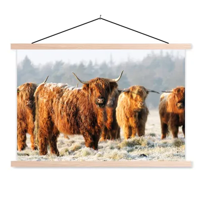 Produktbild von MuchoWow® Textilposter Schottische Highlander - Schnee - Wald 120x80 cm mit holzfarbenen Rahmen - Aufhängeset