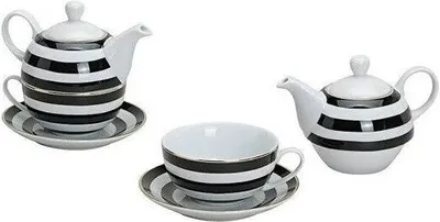 Zdjęcie produktu dla Zestaw czajniczek z filiżanką i spodkiem, porcelanowy, w czarno-białe paski, 3-częściowy