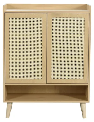 Produktbild von Rattan Schuhschrank - Schuhkommode mit 2 Türen - 5 Einlegeböden - Massivholzfüße - Modernes Flurmöbel - Eiche 105×80×35 cm
