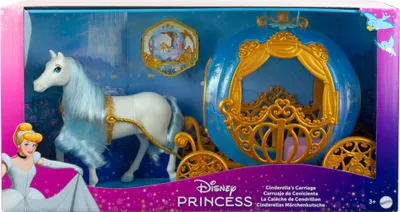 The image shows the packaging of a Disney Princess Cinderella's carriage toy with a white horse.