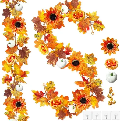 Image de Guirlande d'automne avec feuilles, citrouille et tournesols, Décoration pour l'intérieur et l'extérieur