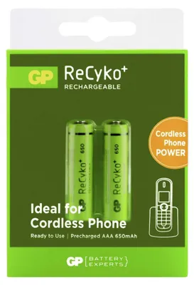 A package of two AAA rechargeable batteries for cordless phones.
