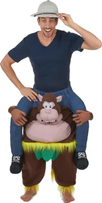 A man wearing a costume that makes it look like he is riding on the back of a monkey.