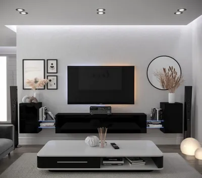 Produktbild von Furnitech Wohnwand Wohnzimmer - Wohnzimmer Möbel mit LED Weiß - Hängend Wohnwand Modern - Regale und TV Schrank (AN103-21B-HG1-1A)