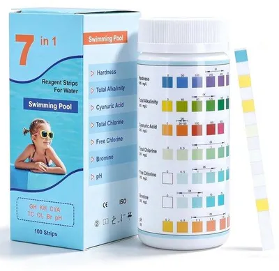 Produktbild von 7-in-1 Pool Teststreifen - 100 Sticks - Schnellwassertester für Pool - pH-Wert, Chlor, Besen, Cyanurinsäure, Gesamtalkalinität, Gesamtha