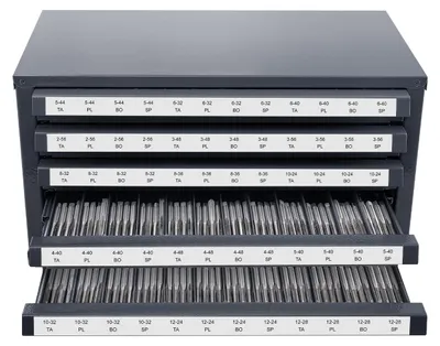 Produktbild von Schneidbohrer-Spenderschrank, Gewindebohrer-Organizer mit 5 Schubladen für #2-56-#12-28 Bohrerspender-Organizerschrank aus Stahl mit Etiketten