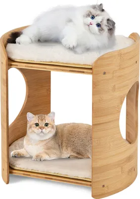 Produktbild von GOPLUS 2 stöckiger Katzenbett, Kratzbaum aus Bambus mit Doppelbetten, abnehmbaren & waschbaren Kissen, Zugangslöchern, Katzenhöhle Katzenmöbel im Landhausstil für Kätzchen, 40 x 33 x 41 cm
