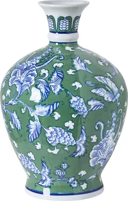 Produktbild von BELIANI Blumenvase Grün Blau u. Weiß Porzellan 36 cm Hoch Groß Gewölbt Handgemacht Blumenmotiv Chinesische Vase Dekovase Keramikvase Bodenvase