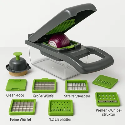 A multi-cutter kitchen tool with various attachments and a red onion being prepared.