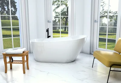 Produktbild von ECOLAM exklusive freistehende Badewanne Standbadewanne moderne Wanne freistehend Elma 170x80 cm + Badbank Tisch Holz Lago + Ablaufgarnitur Click Clack Design Acryl weiß