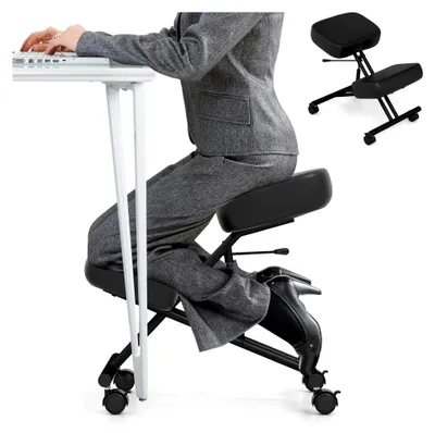 Produktbild von Ergonomischer Kniestuhl mit 4 Rollen und Bremsen, höhenverstellbar, Bürostuhl mit dickem Sitzkissen, orthopädischer Sitzhocker für Zuhause und Büro (ohne Rückenlehne)