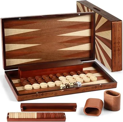 Imagen del producto de Juego de backgammon plegable de madera, con piezas y accesorios de madera, para 2 jugadores, de gran tamaño (38,1 cm), hecho a mano, con un diseño exquisito, perfecto para adultos y principiantes