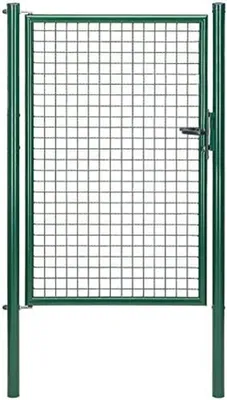 A green metal garden gate with a wire mesh infill, shown against a white background.