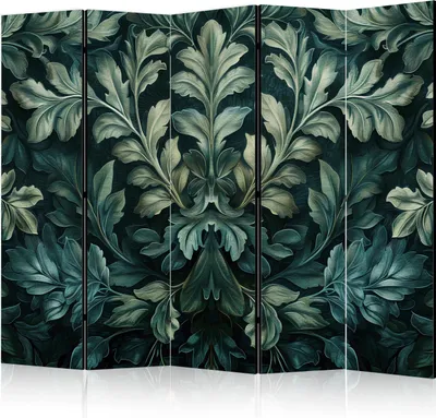 Produktbild von 5-teiliger Doppelseitiger Vlies Paravent - Dark Green Victorian Leaves - Botanical Carved Composition 225x172 cm f-H-10013-z-b