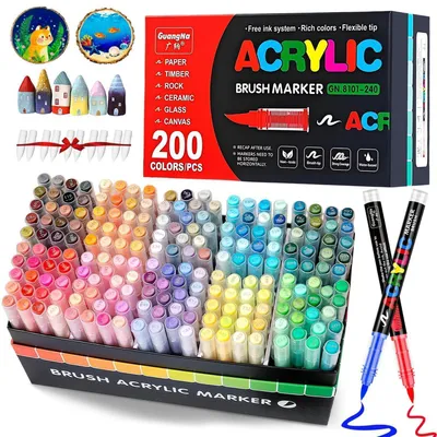 Image de Jeu de stylos acryliques, 200 couleurs, résistants à l'eau, avec pointe pinceau de 1 à 6 mm, pour utilisation sur pierre, verre, bois, céramique, métal et toile