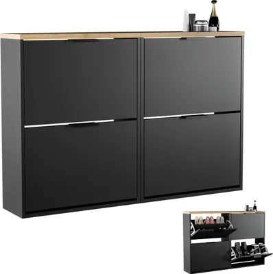 Produktbild von Planetmöbel Schuhschrank schmal 2 x 2 Klappen Schuhregal mit 4 Ablagen, schwarz