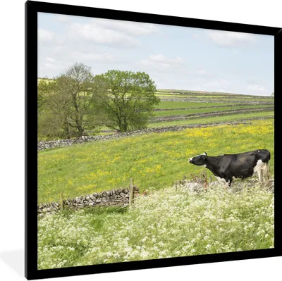Produktbild von MuchoWow® Gerahmtes Poster Kuh - Blumen - Tiere 40x40 cm - Poster mit Schwarzem Bilderrahmen Wandposter Rahmen Foto Bilder - Mit Rahmen - Wanddekoration Schlafzimmer