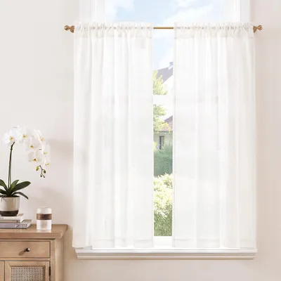 Productafbeelding van Linnenlook vitrage moderne gordijnen keuken wit gordijnen kort B 90 x H 115 cm bistrogordijn set van 2 voor ramen boho landhuisstijl keukengordijnen