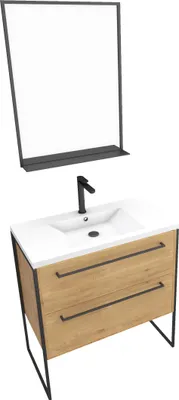 Image de Meuble de salle de bain 80x50cm - vasque blanche - 2 tiroirs finition chêne naturel + miroir