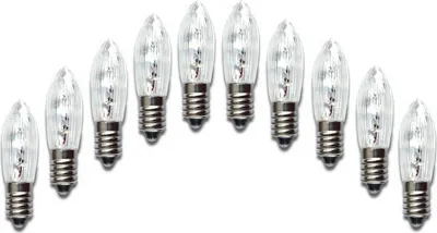 A group of small, clear LED light bulbs with silver bases arranged in an arc on a white background.
