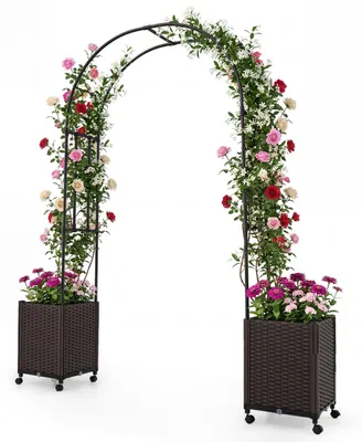 Obrázok produktu pre Kvetinový box COSTWAY s mrežou na popínavé rastliny, výška 230 cm, ružový oblúk 2 v 1 s 2 kvetinovými boxmi, mreža a samozavlažovanie, záhradný oblúk na kolieskach, kov a PP ratan