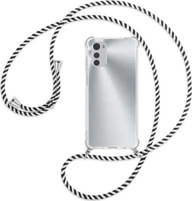 Produktbild von Handykette Backcover-Schutzhülle mit Band (Metall silberfarben) für Motorola Moto E32, Moto E32s - schwarz/weiß gestreift