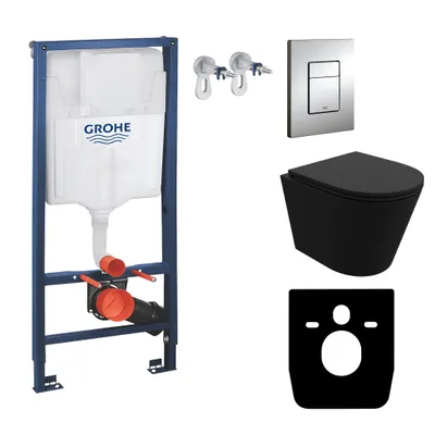 Produktbild von GROHE Vorwandelement Solido + Wand Hänge WC Galve Schwarz Spülrandlos + WC-Sitz SoftClose |Verchromter Knopf | Komplettset | Unterputz Spülkasten |  Toilette Komplett Sett