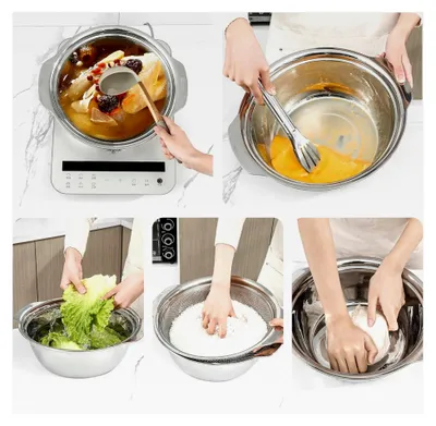Produktbild von Mikroporöses Sieb aus 304 Edelstahl mit Griff zum Waschen von Gemüse, Obst und Reis sowie zum Abtropfen von gekochten Nudeln