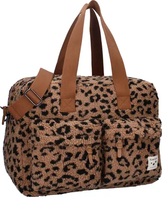 A leopard print diaper bag with brown straps and pockets.