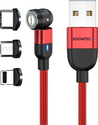 Produktbild von Magnet Ladekabel 0,5 Meter SOONTEC Magnetladekabel Datenkabel drehbar 360°&180° mit 3 Stecker Micro USB/ USB-C/ Lightning 3,0 A Ladekabel magnetisch (Rot)